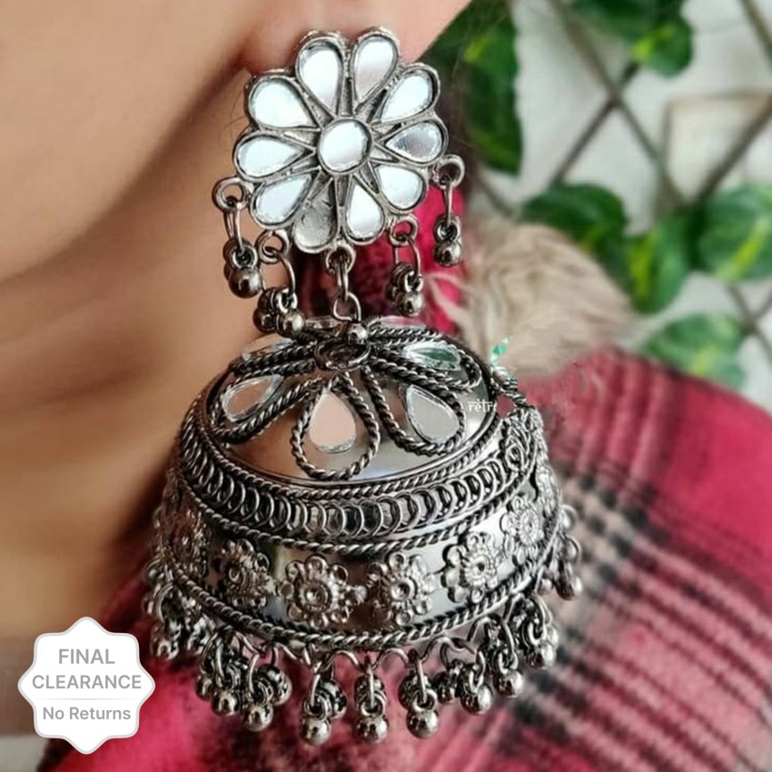 Vembley Traditional Oxidized Black Silver Afghani Style Big Mirror Jhumki Silver  Earrings For Women and Girls