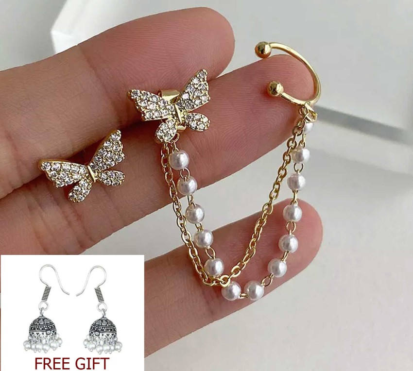 Vembley Fashionable Hanging Cross With Chain Stud Cum Ear Cuff Earrings For  Women And Girls