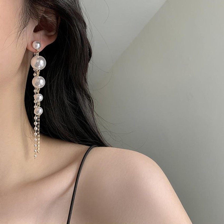 Destiny Jewels Gold Plated Korean Style Trendy Korean long Blue stone Decor  Drop Earrings For Women