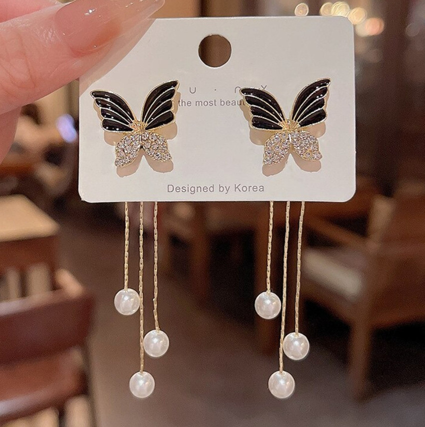 BLINGEE Earrings for Women Girls Butterfly Diamond Pearl Korean Western Light Weight Pearl Crystal Cubic Zirconia Diamond Alloy Drops Danglers