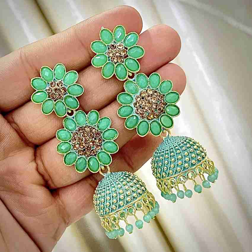 Sea Green Enamel Floral on sale long Pearl Tassel Ethnic - jhumki Earrings