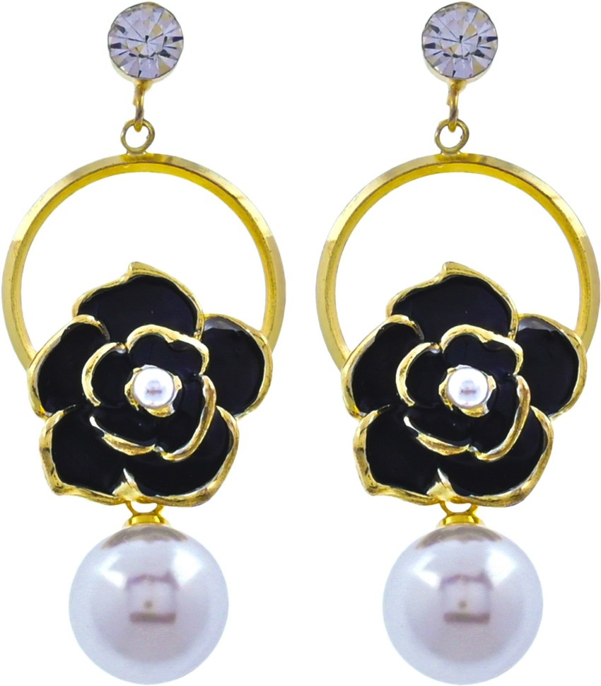 Gold-Plated Pearl-Studded Chain Drop Earrings