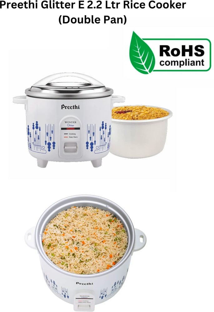 Preethi Glitter E 2.2 Ltr (Double Pan) Rice Cooker, Egg Boiler, Egg Cooker,  Food Steamer, Electric Pressure Cooker, Travel Cooker