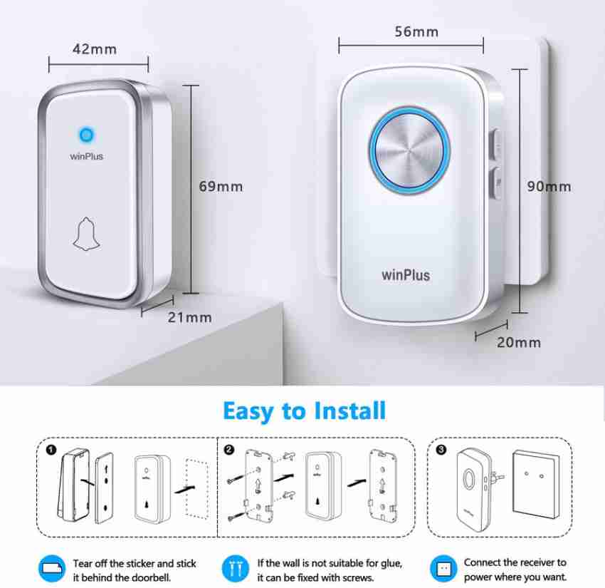 winPlus Wireless Door Bell for Home Long Range, Waterproof Calling Bell for  Office, Cordless Door Bell, up to 500ft Range with 60 Chimes, 4-Level