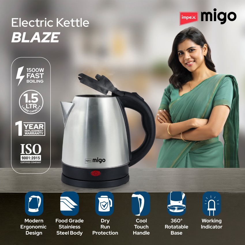 IMPEX 1.5L Stainless Fast boiling Cool Touch Handle BLAZE Electric Kettle Price in India Buy IMPEX 1.5L Stainless Fast boiling Cool Touch Handle BLAZE Electric Kettle Online at Flipkart