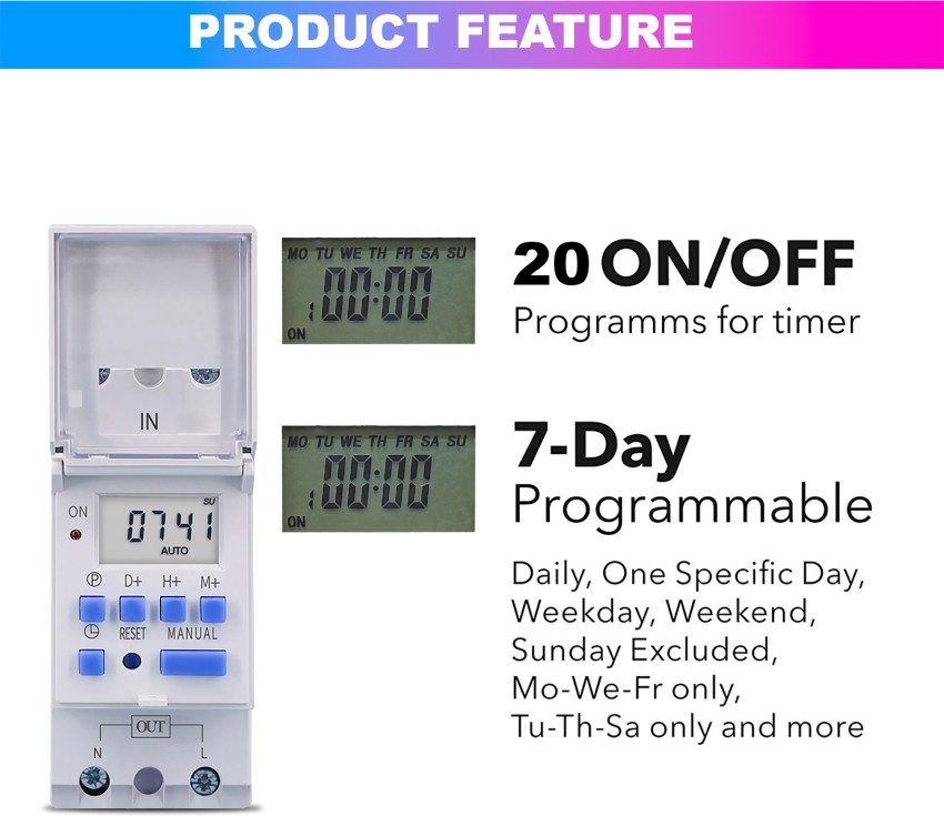 amiciSmart Digital Programmable Timer Switch Relay in-Built 7 Days Schedule, DIN Rail Mounted, 220V, 30A