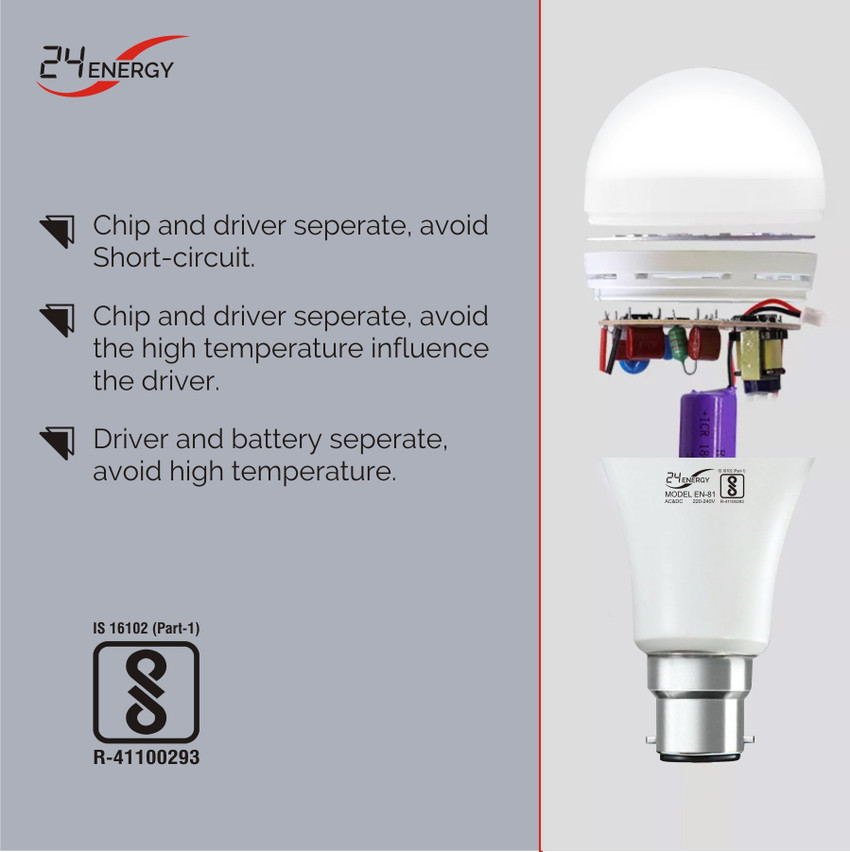 EN 24 Energy Rechargeable LED Inverter AC DC Bulb 9W B22 4 hrs