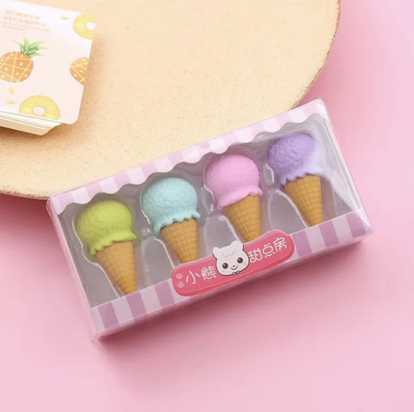 Cute Ice Cream Shaped Rubber Eraser Set, 4 Pieces