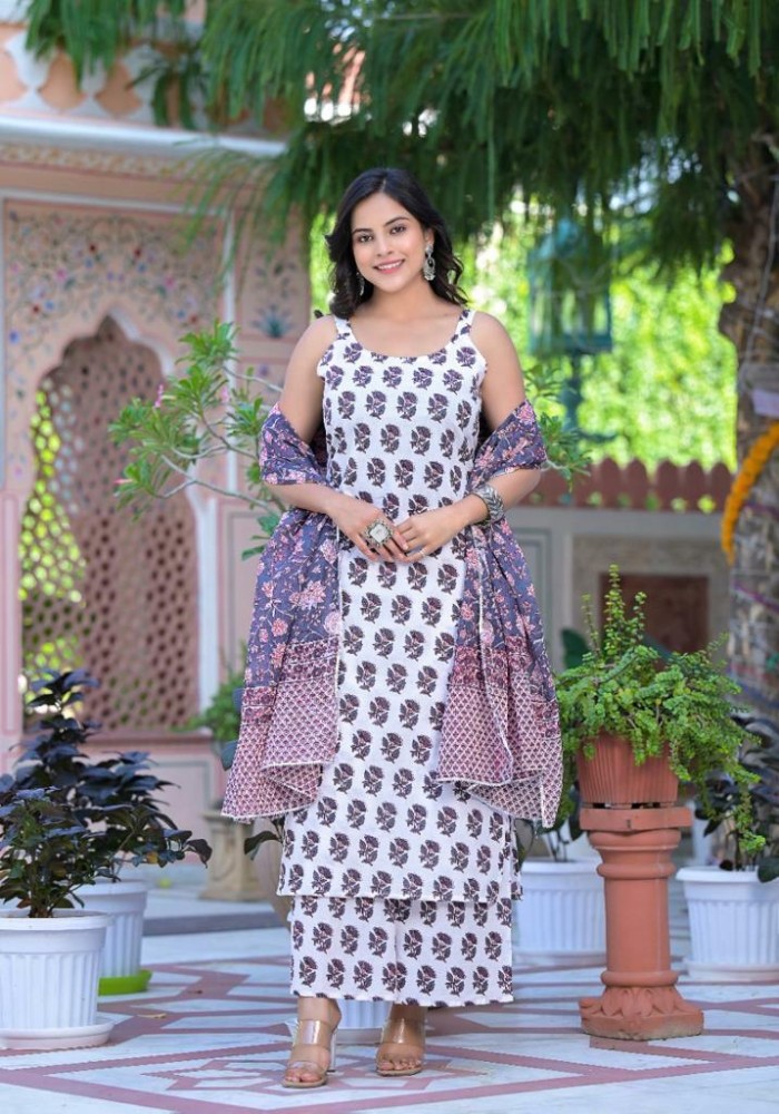 Jaipur Kurti Salwar Suits and Sets : Buy Jaipur Kurti Women White & Blue  Striped Kurta With Palazzo (Set of 2) Online | Nykaa Fashion