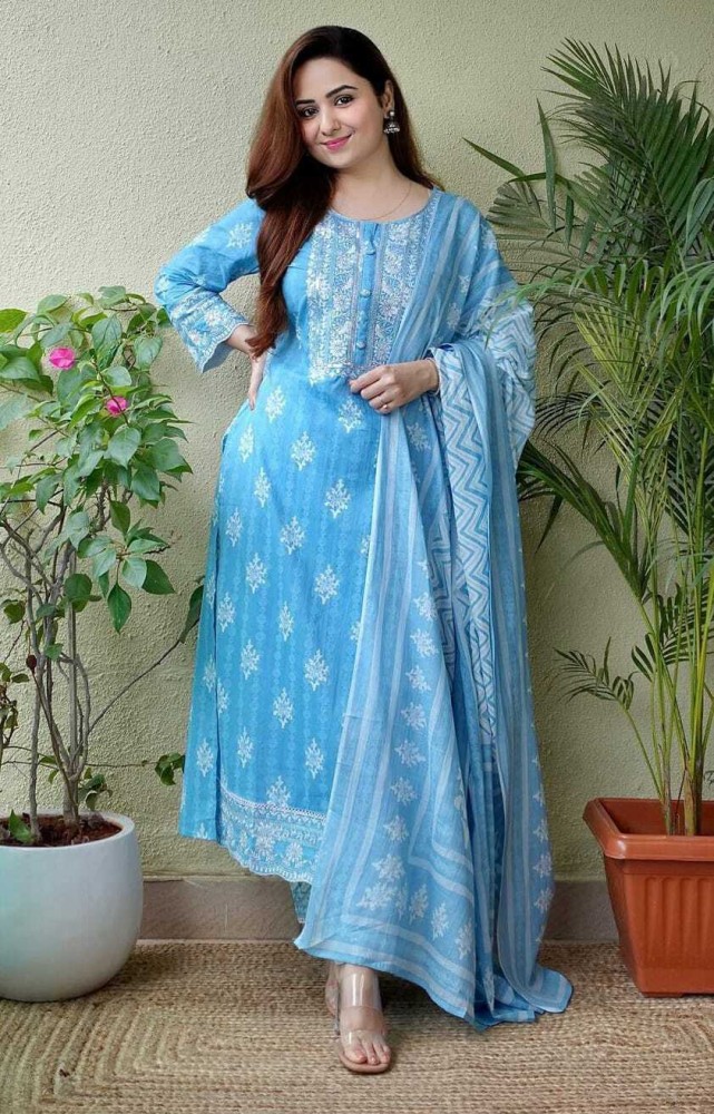 Buy FEMEZONE Women Blue Cotton Kurti Pant Dupatta Set - XL Online at Best  Prices in India - JioMart.