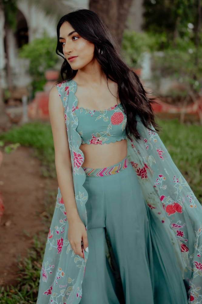 Buy Beryl Green Satin Blouse And Palazzo Pants With Floral Print And  Asymmetric Hemline