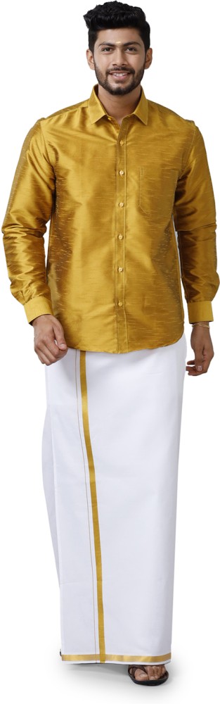 Ramraj Cotton Mens Cotton Yellow Full Sleeves Shirt With Jari Dhoti Combo -  Ramraj Cotton