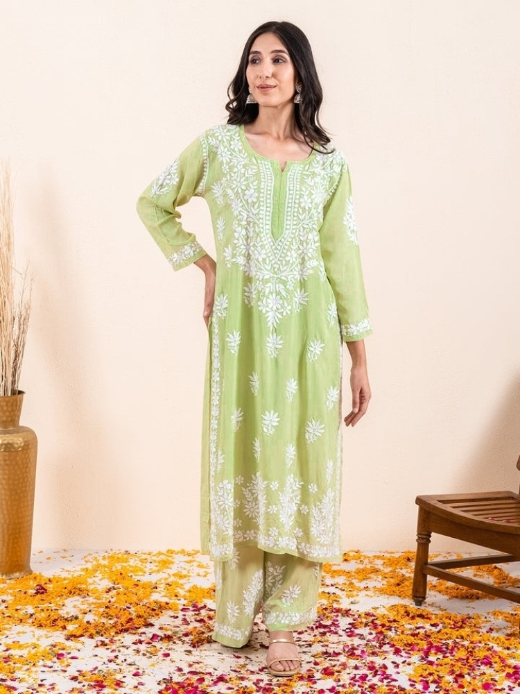 Lucknowi Chikankari Kurta Palazzo Set With Dupatta, Premium