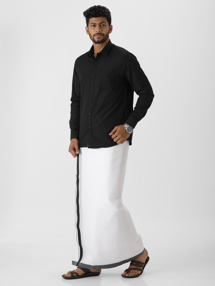 black shirt white lungi