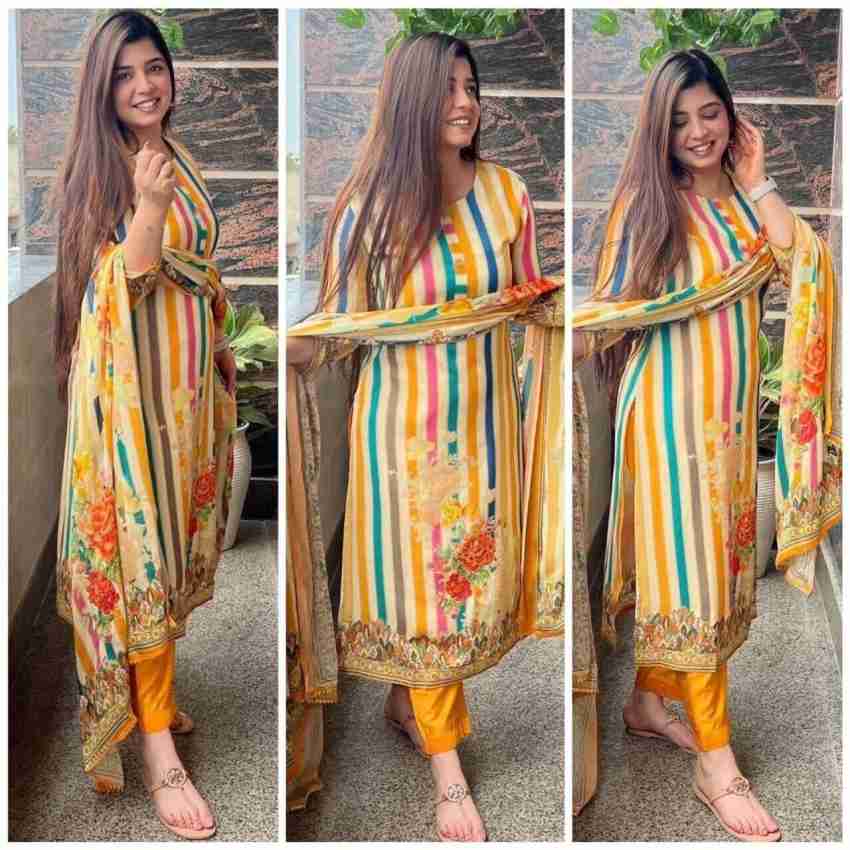 Multicolour Straight Cotton Blend Kurti Pant Dupatta Set for Women