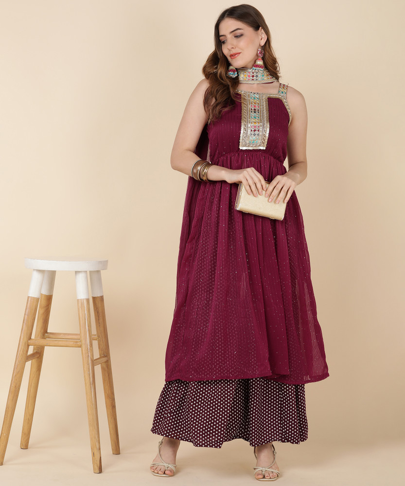 Gulabi Leaf Women Kurta Sharara Dupatta Set