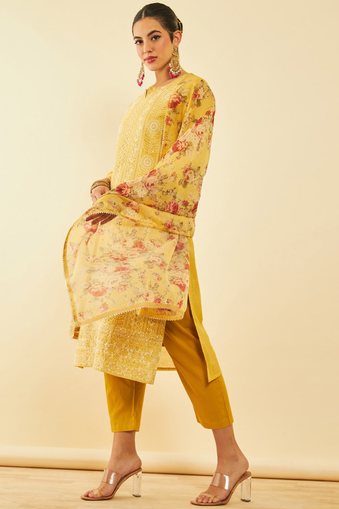 Women's Mustard Chanderi Straight Pant With Embroidered Borders And Mirror  Work Collection at Soch India