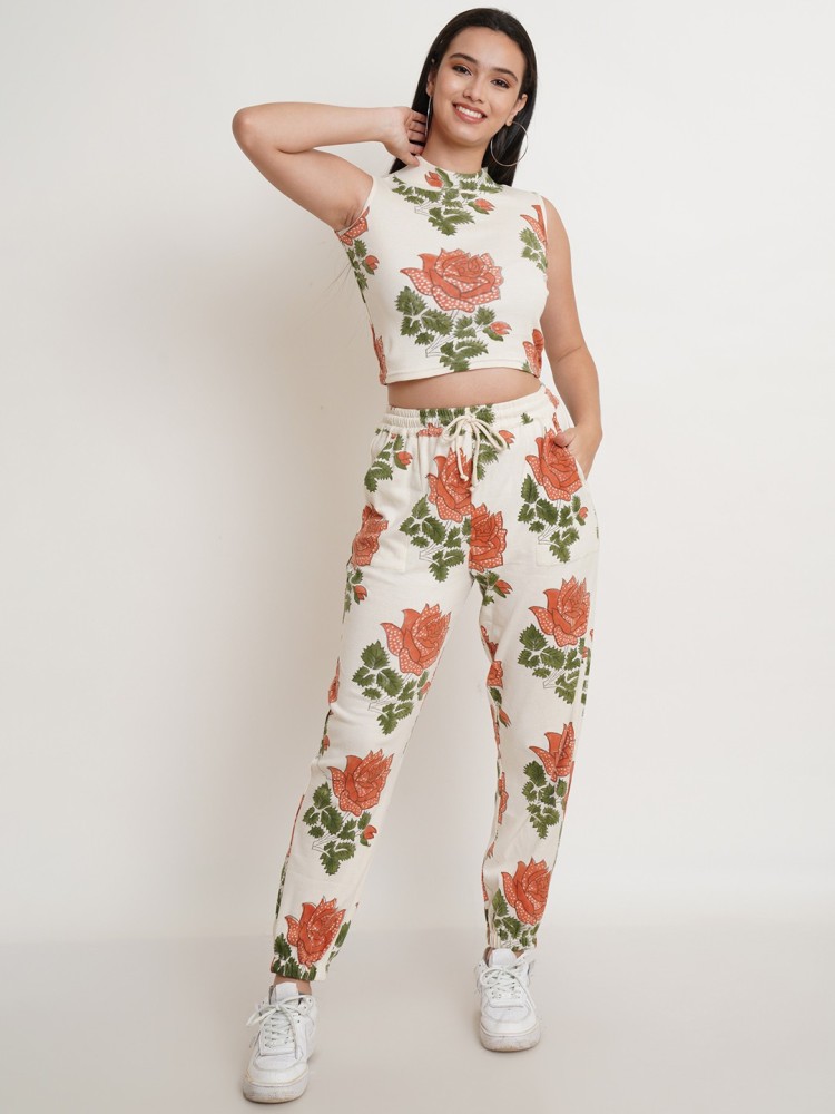 QED London 2 piece wide leg trousers and crop top set in orange floral   ASOS