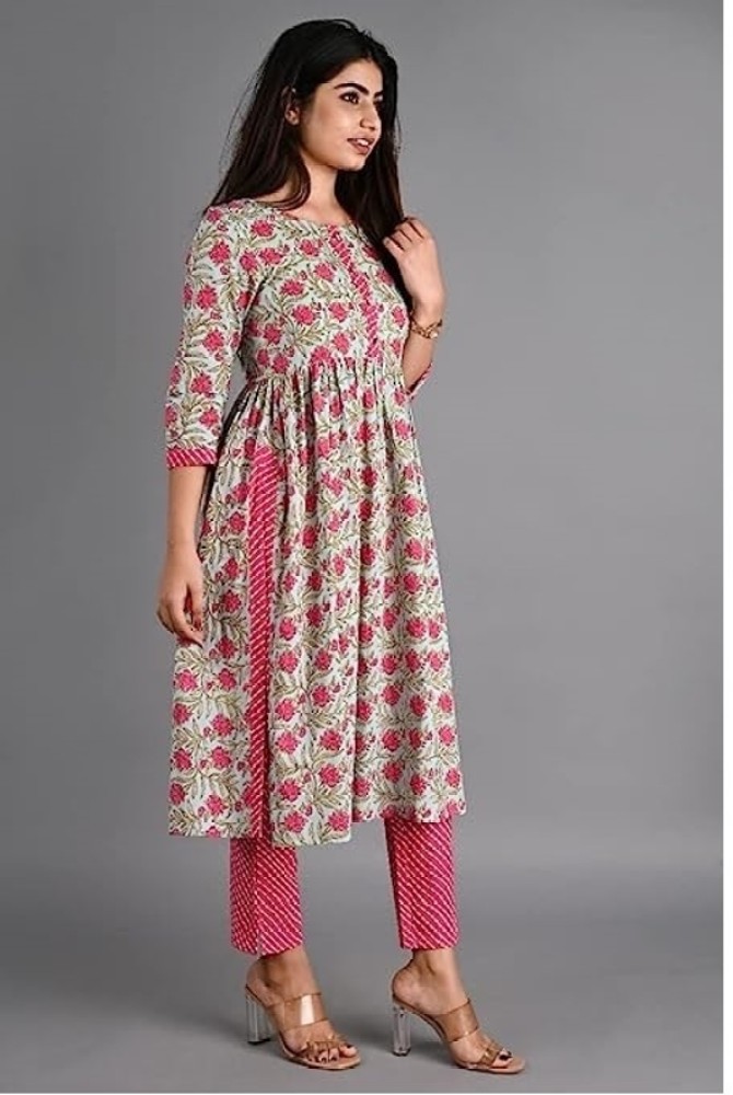 Red Printed V-Slit Neck 3/4Th Sleeves A-Line Kurta With Pants.