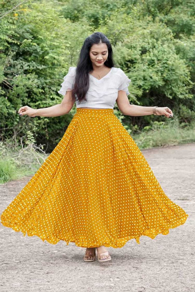 yellow skirt and white top
