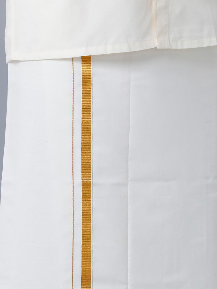 RAMRAJ COTTON Men Gold-Toned Cotton Blend Solid Full sleeve Shirt and Dhoti  Set