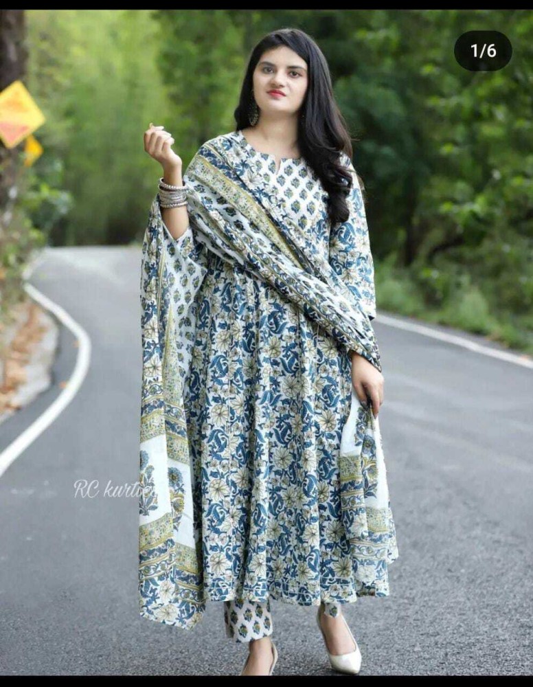 Multicolour Straight Cotton Blend Kurti Pant Dupatta Set for Women
