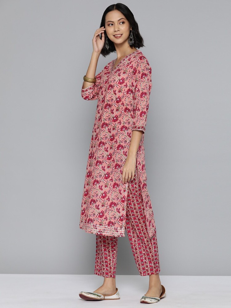 Buy HERE&NOW Women Off White & Pink Ethnic Motifs Print Pure