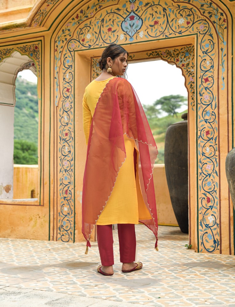 yellow georgette embroidered straight trouser suit 802