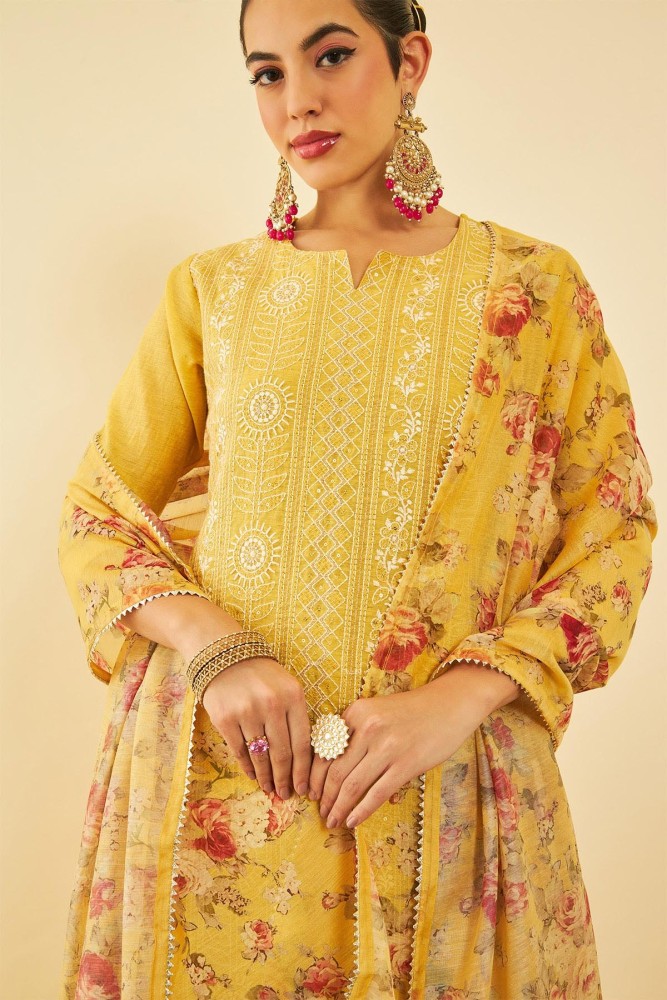 Women's Mustard Chanderi Straight Pant With Embroidered Borders And Mirror  Work Collection at Soch India