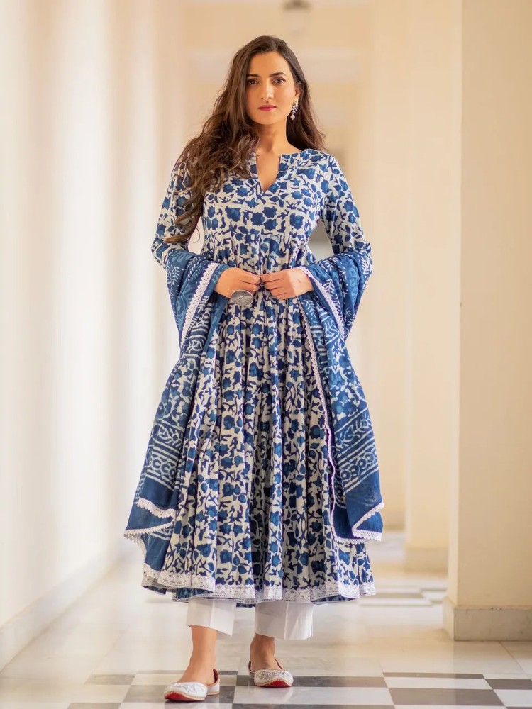 Blue Floral Pompom Suit with Beautiful Print Long Anarkali Kurti Pant with  Dupatta!!