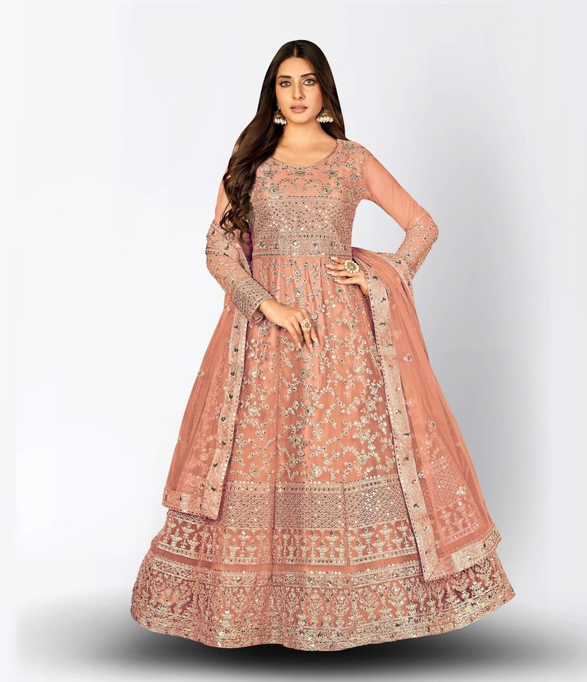 DIVINE INTERNATIONAL TRADING CO Net Lace Embroidered Embellished Gown Anarkali Kurta Bottom Material