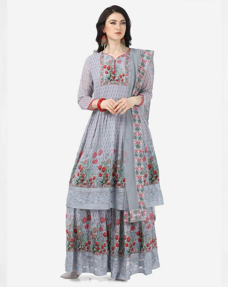 leaon Georgette Floral Print Kurta Sharara Fabric Price in India