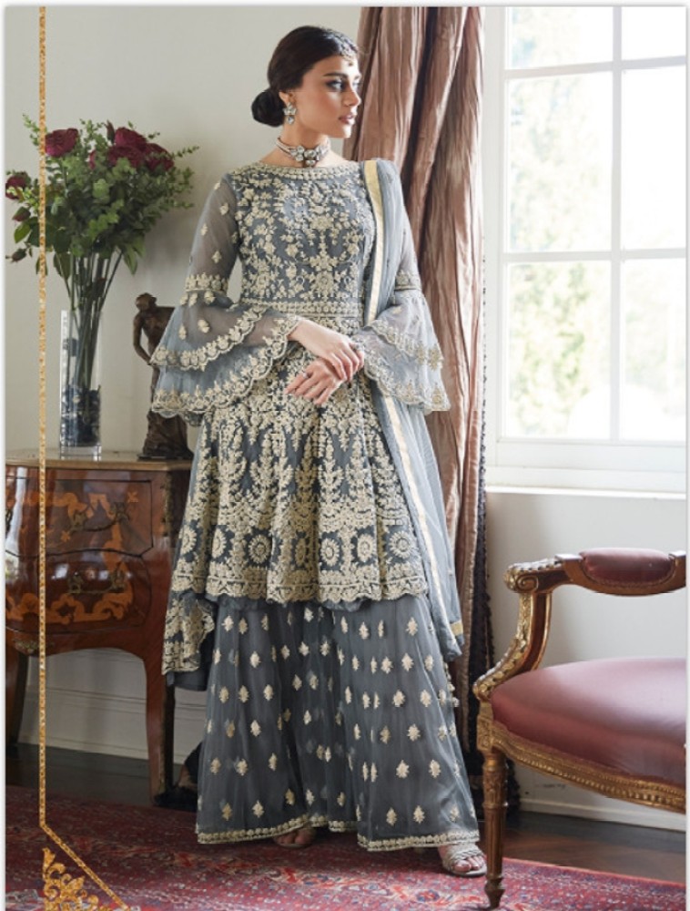 Afsana Net/Lace Embroidered Kurta & Sharara Fabric Price in India - Buy  Afsana Net/Lace Embroidered Kurta & Sharara Fabric online at