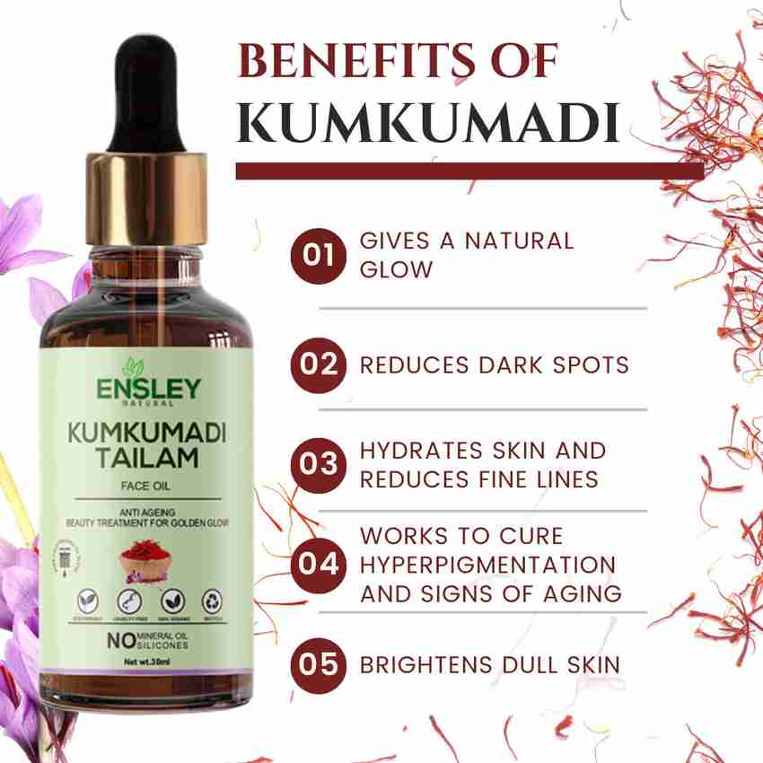 ENSLEY Kumkumadi tailam Face Oil Enriched For Glowing Spotless and Radiant Skin Price in India Buy ENSLEY Kumkumadi tailam Face Oil Enriched For Glowing Spotless and Radiant Skin online at Flipkart ...