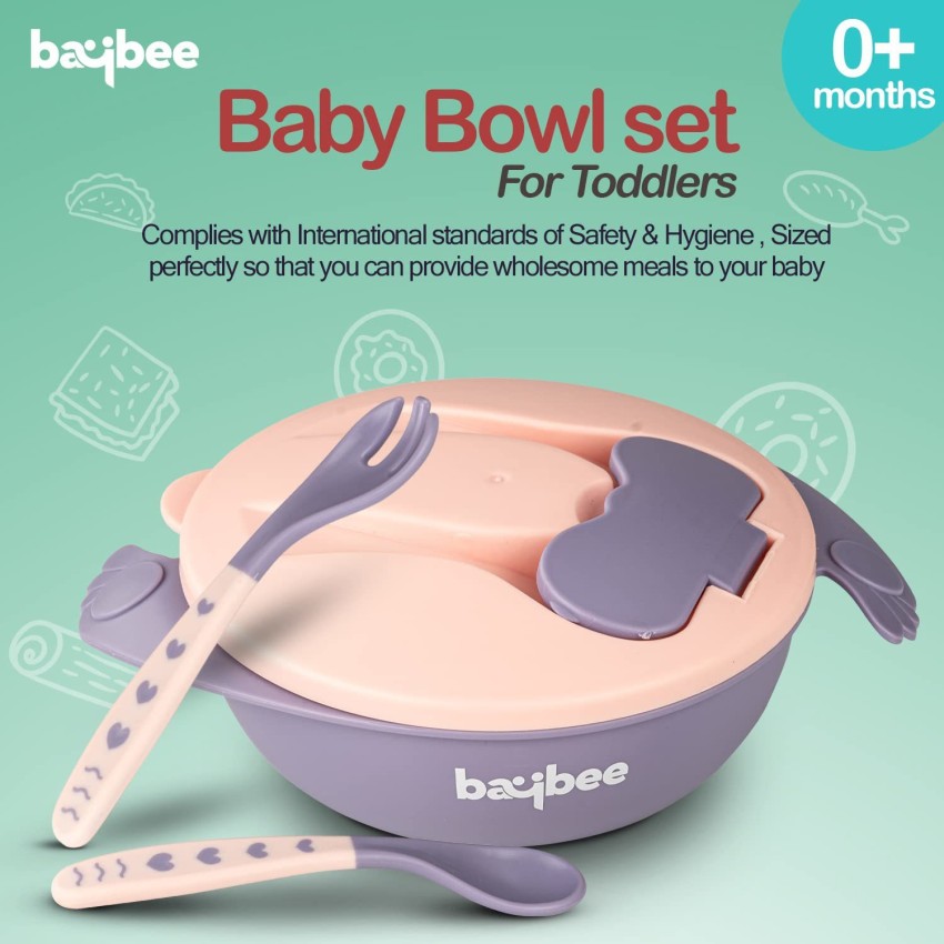 Baybee Baby Feeding Bowl with Lid, Suction Cup, Spoon & Fork Set for B –  Baybee India