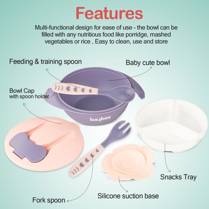 Baybee Baby Feeding Bowl with Lid, Suction Cup, Spoon & Fork Set for B –  Baybee India