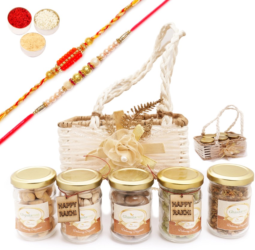 Ghasitaram Gifts Jute small basket with flower with Rakhi Tags
