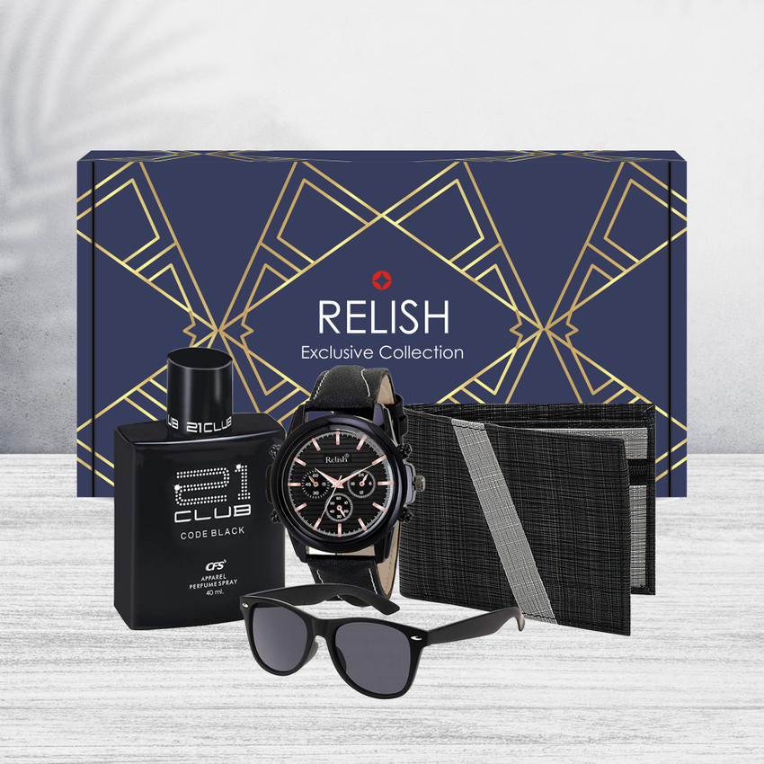 Relish Black Watch Perfume Wallet and Sunglass Combo for Men