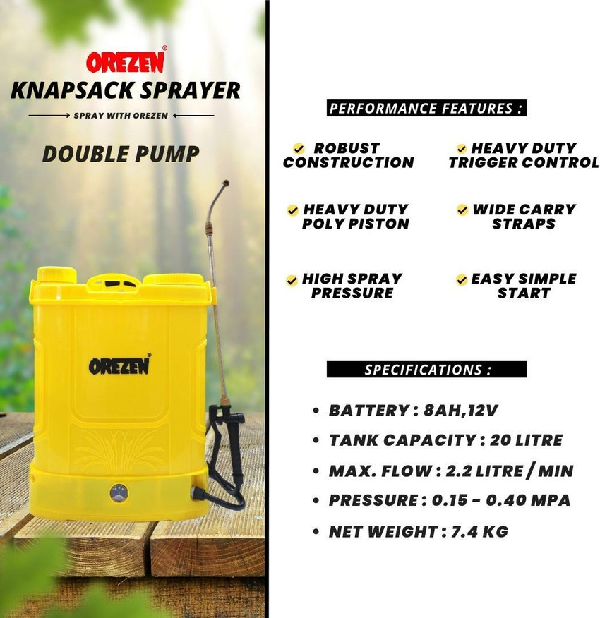 OREZEN Knapsack Sprayer Double Pump 12v 8ah Battery Sprayer 20 L