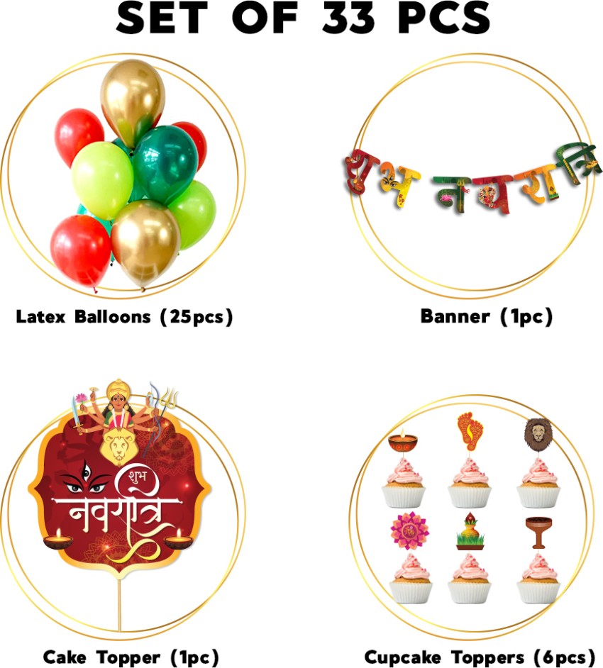 Party Around™ Happy Navratri Combo with Banner Marigold Flower Strings and  Balloons for Navratri Festival Decoration.. : : Toys & Games