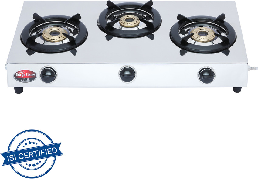 Suryaflame 3 Burner Stainless Steel LPG Manual Gas Stove 2Years Doorstep Service Stainless Steel Manual Gas Stove