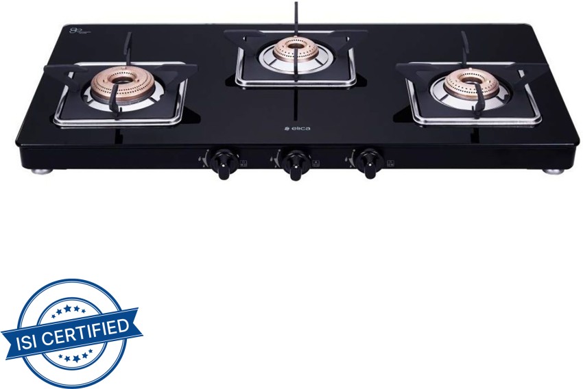 Elica Slimmest 3 Burner Gas Stove with Square Grid and Brass Burner 773 CT VETRO Slim LINE SPF Glass Manual Gas Stove Price in India Buy Elica Slimmest 3 Burner Gas