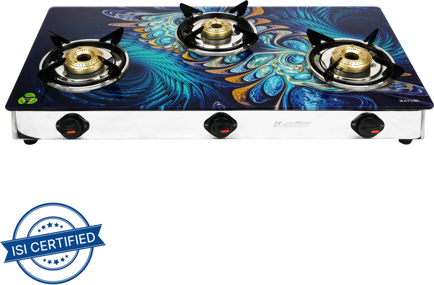 Master Peacock Designer 3 Burner Glass Stainless Steel Manual Gas Stove