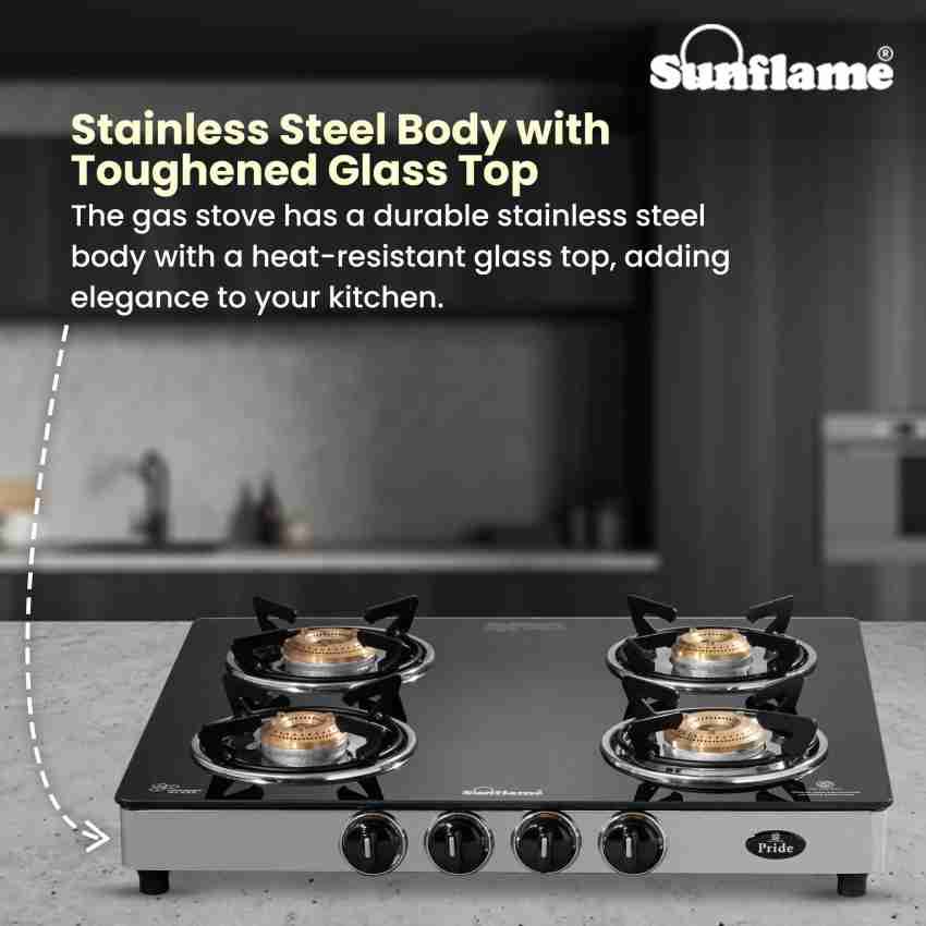 Sunflame gt pride glass top 4 brass burner on sale gas stove