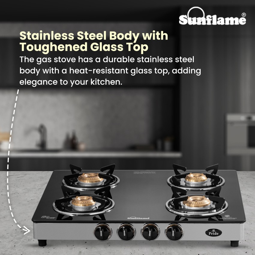 sunflame gt pride glass top 4 brass burner gas stove