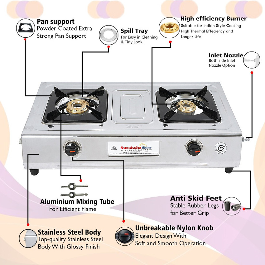 Suraksha Shine 2 Burner BF Lite ISI Certified Good Quality Stainless Steel Manual Gas Stove Price in India Buy Suraksha Shine 2 Burner BF Lite ISI Certified Good Quality Stainless Steel