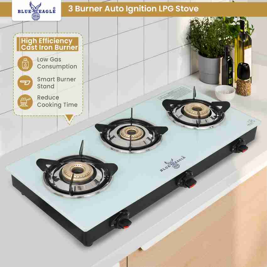 Blue eagle Auto Ignition with Toughened Glass Cooktop Color White Glass Automatic Gas Stove
