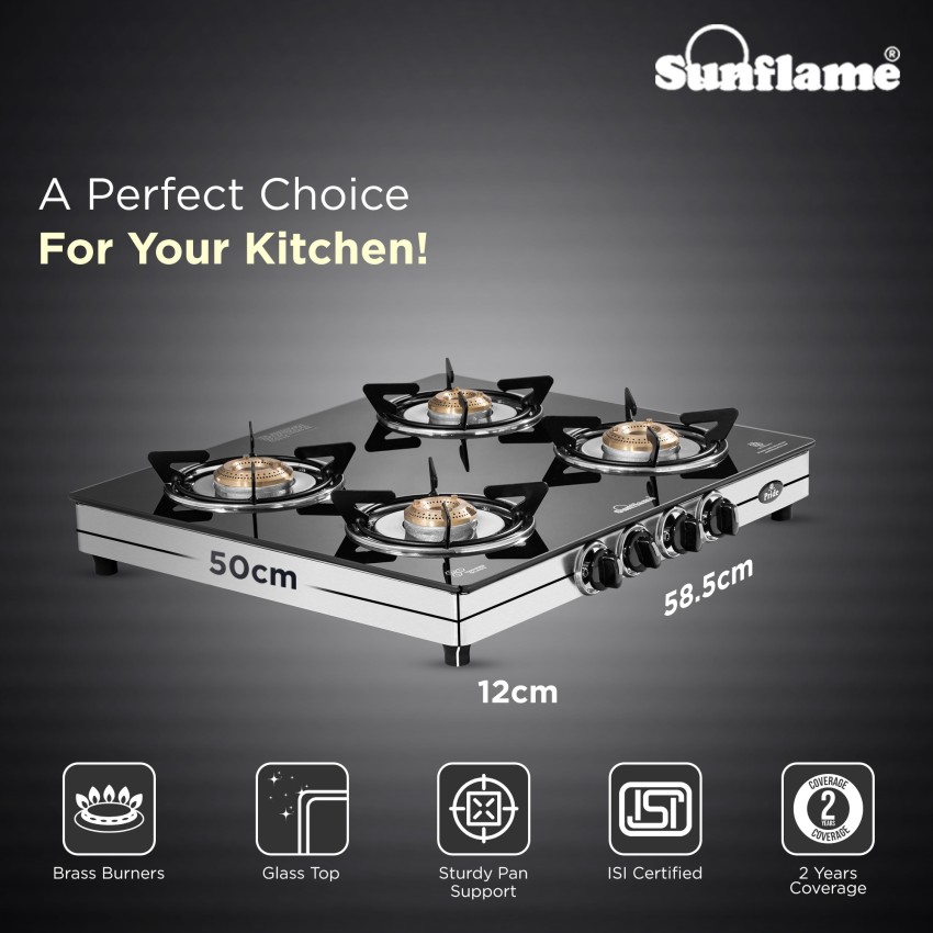 sunflame gt pride glass top 4 brass burner gas stove