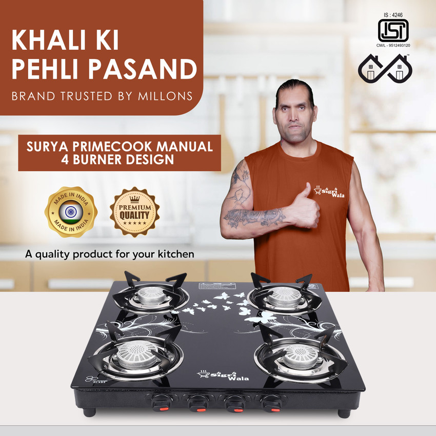 Sigri wala Surya Primecook Manual Cute Design Toughened Glass Gas Stove Glass Manual Gas Stove