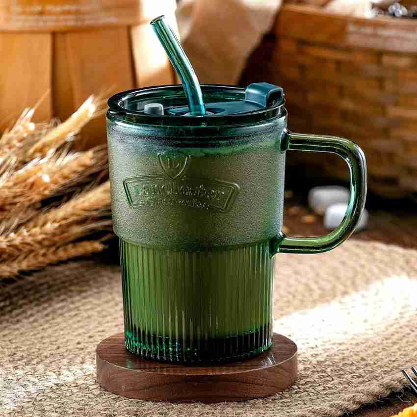 Goodhomes Borosilicate Glass Tumbler With Glass Straw & Wooden Lid